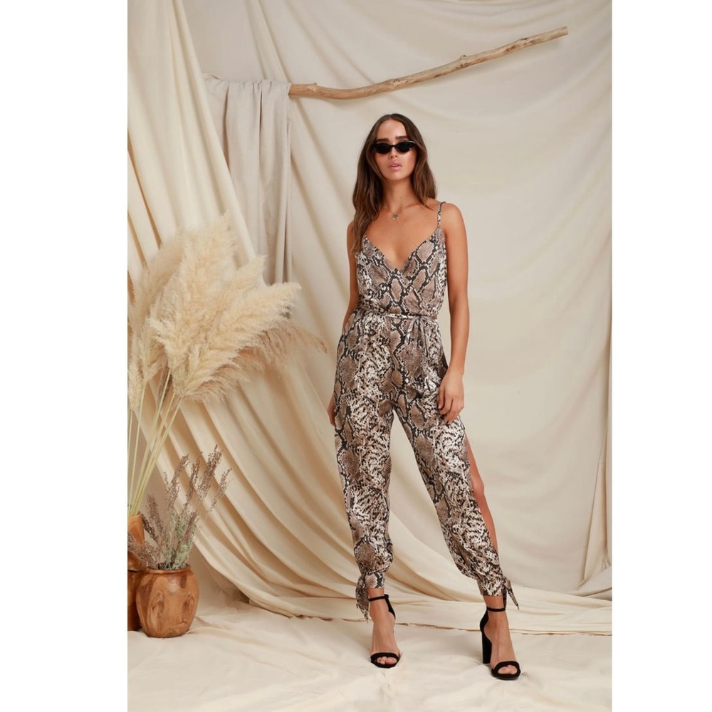 Lulus Jasper Snake Print Surplice Jumpsuit in Beige size Medium Tie Cuff Strappy